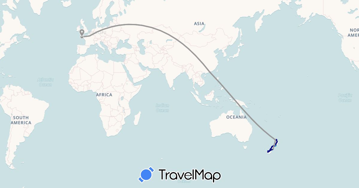 TravelMap itinerary: driving, bus, plane, train, hiking, boat in France, Hong Kong, New Zealand (Asia, Europe, Oceania)